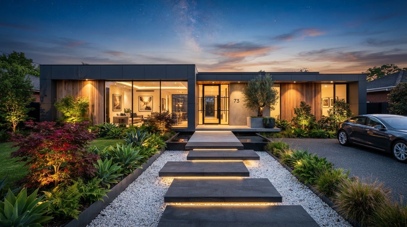 Futuristic Front Yard Concept 01 Front Yard futuristic concept visualisation modern home. Images and Photos created by www.house-and-garden-designs.com