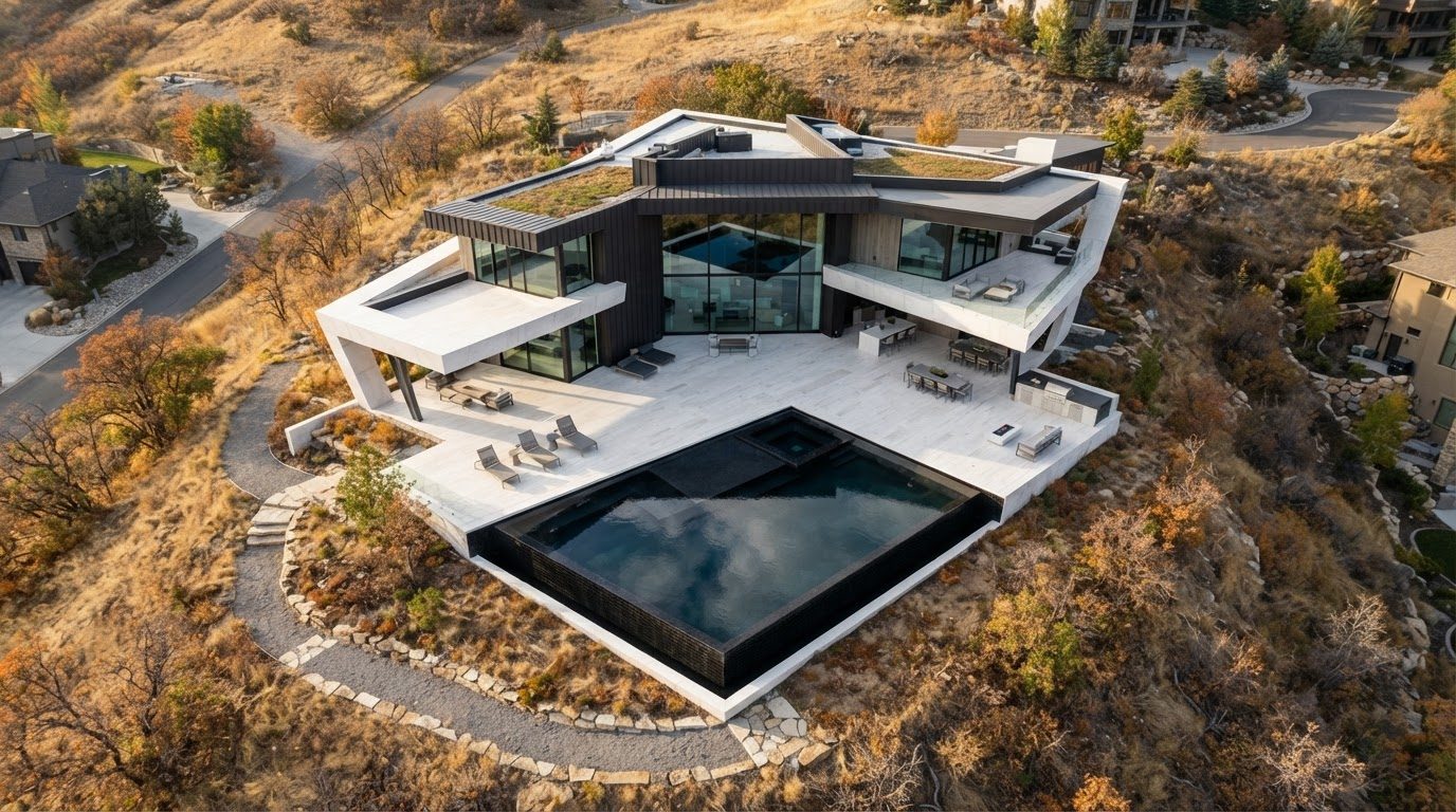 Aerial Plan Concept 29 Aerial Top View futuristic concept visualisation modern home. Images and Photos created by www.house-and-garden-designs.com