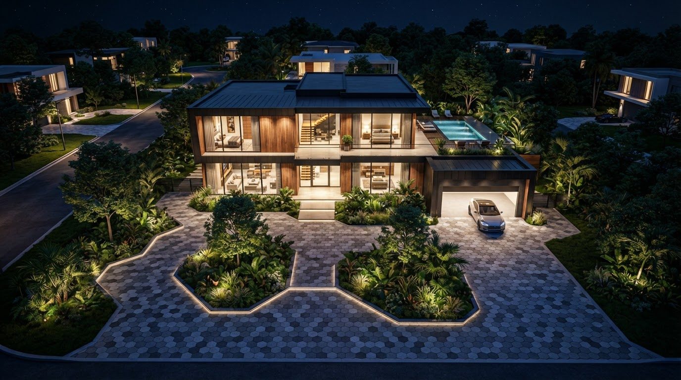Aerial Plan Concept 18 Aerial Top View futuristic concept visualisation modern home. Images and Photos created by www.house-and-garden-designs.com