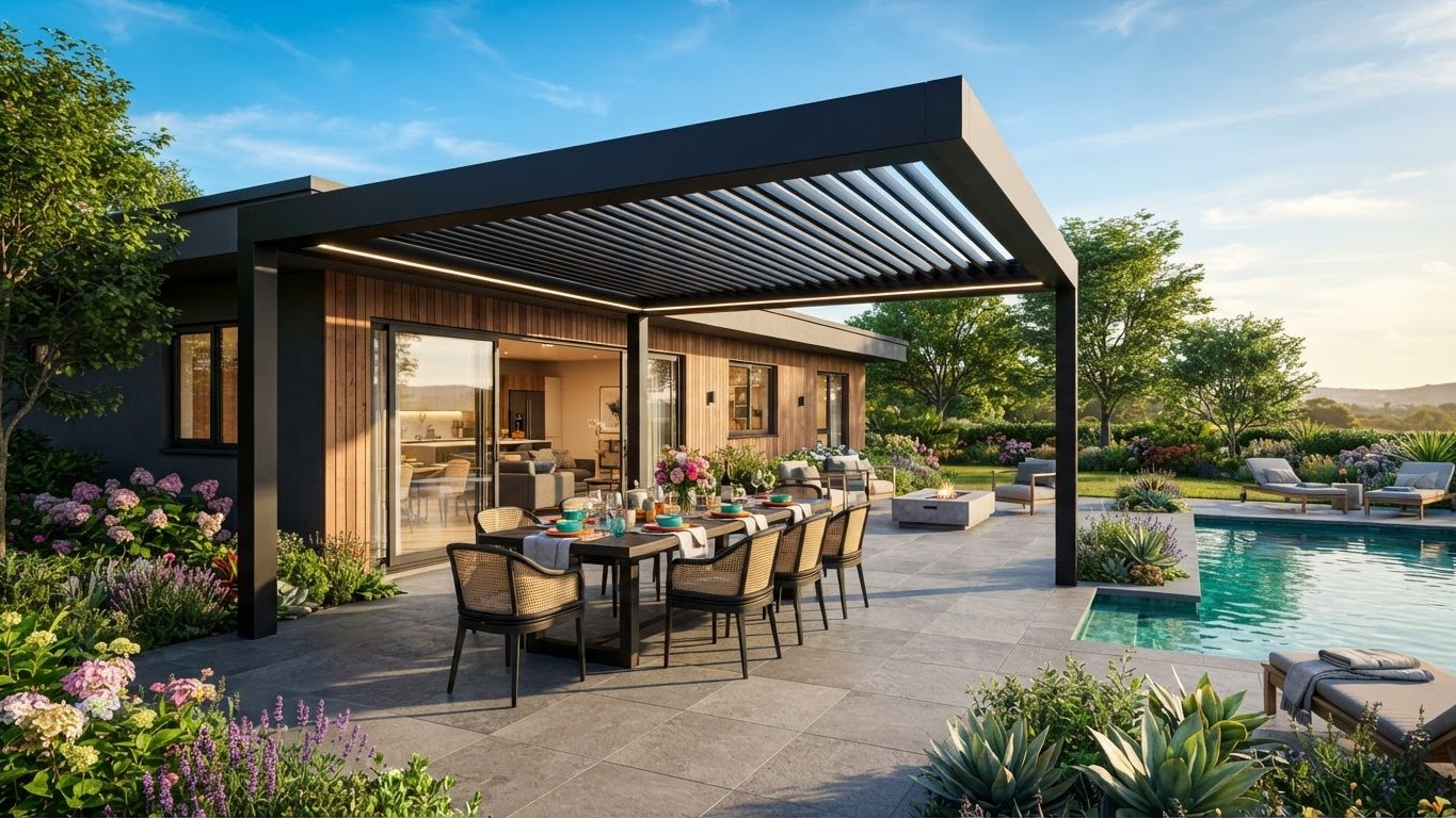 Pergola & Patio Concept 02 Pergolas & Patios futuristic concept visualisation modern. Images and Photos created by www.house-and-garden-designs.com