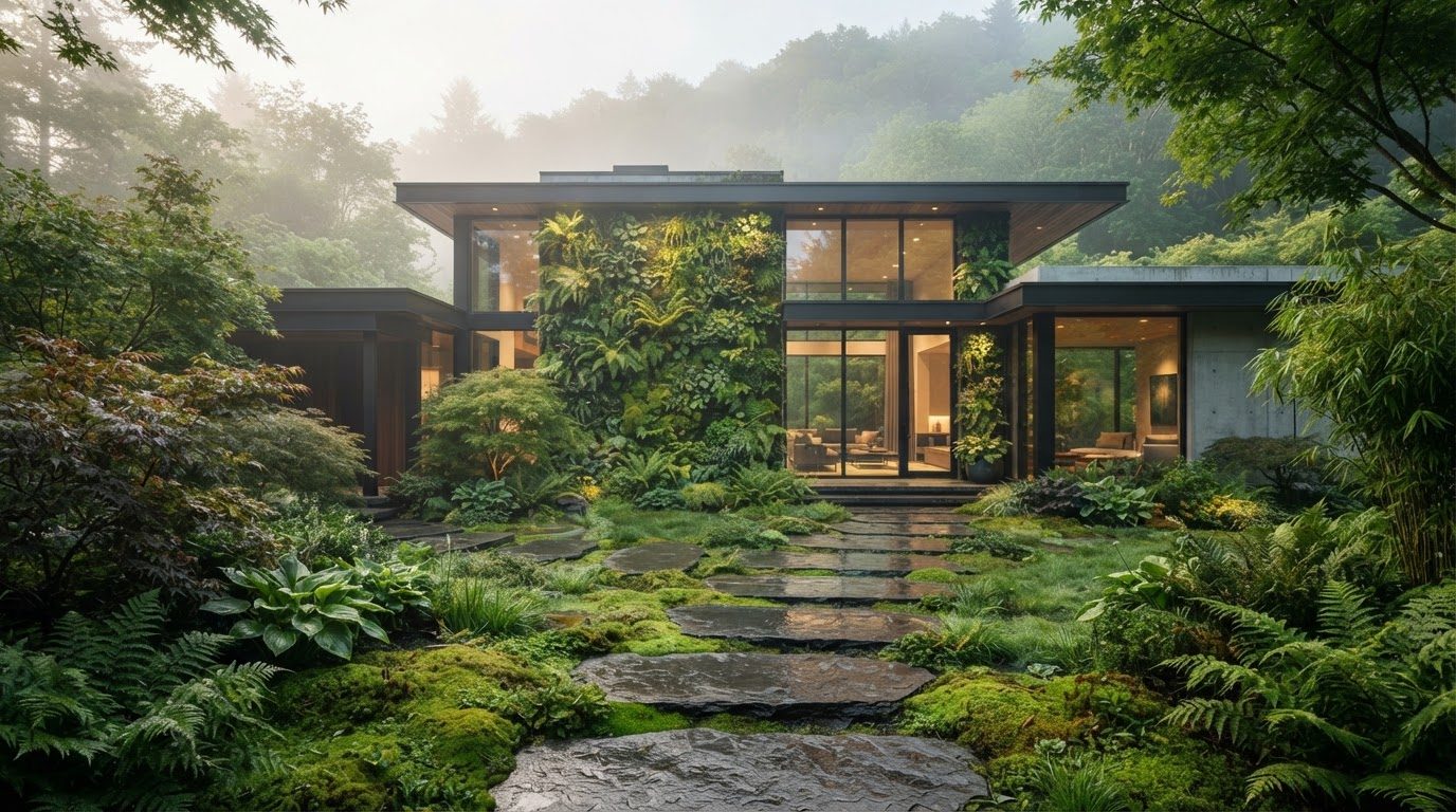 Futuristic Front Yard Concept 06 Front Yard futuristic concept visualisation modern home. Images and Photos created by www.house-and-garden-designs.com
