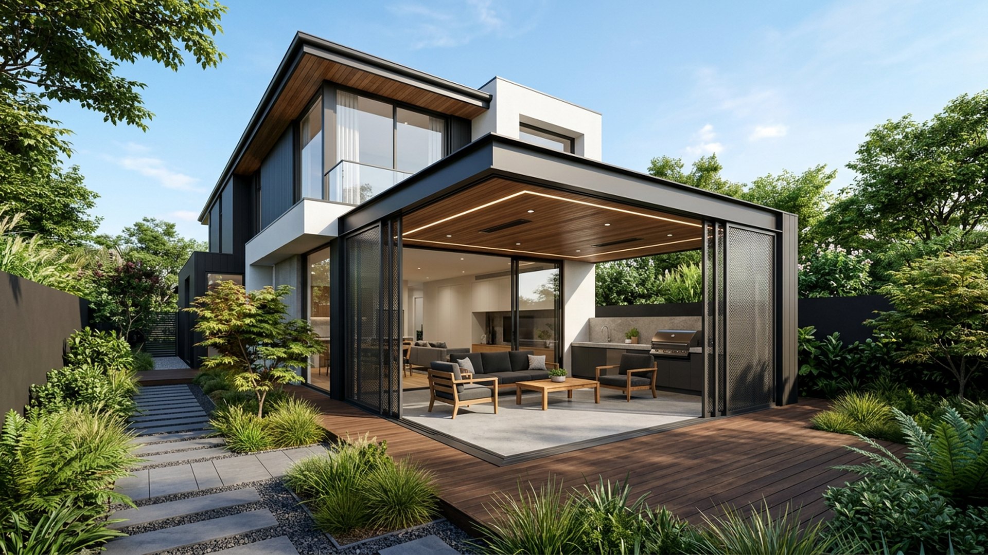 Alfresco Extension backyard landscaping concept Forward Looking A roofed alfresco that reads as part of the house, with sliding screens. Images and Photos created by www.house-and-garden-designs.com