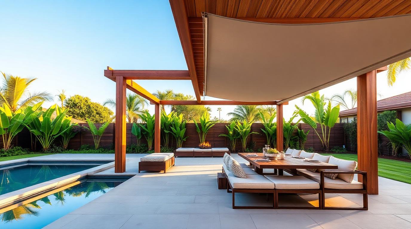 outdoor lounge and dining furniture under a wooden pergola beside a swimming pool with shade canopy. Images and Photos created by www.house-and-garden-designs.com