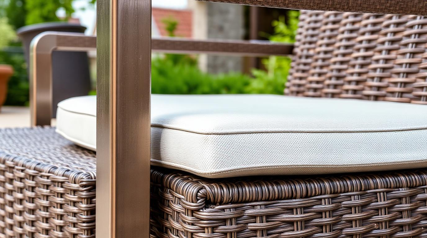 close up of durable outdoor furniture construction showing aluminium frame hardwood and synthetic weave fabric. Images and Photos created by www.house-and-garden-designs.com