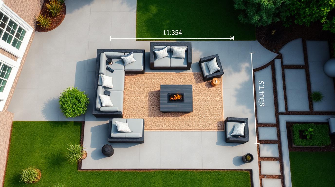 aerial top down view of outdoor patio with measured furniture placement zones and walkway clearances. Images and Photos created by www.house-and-garden-designs.com