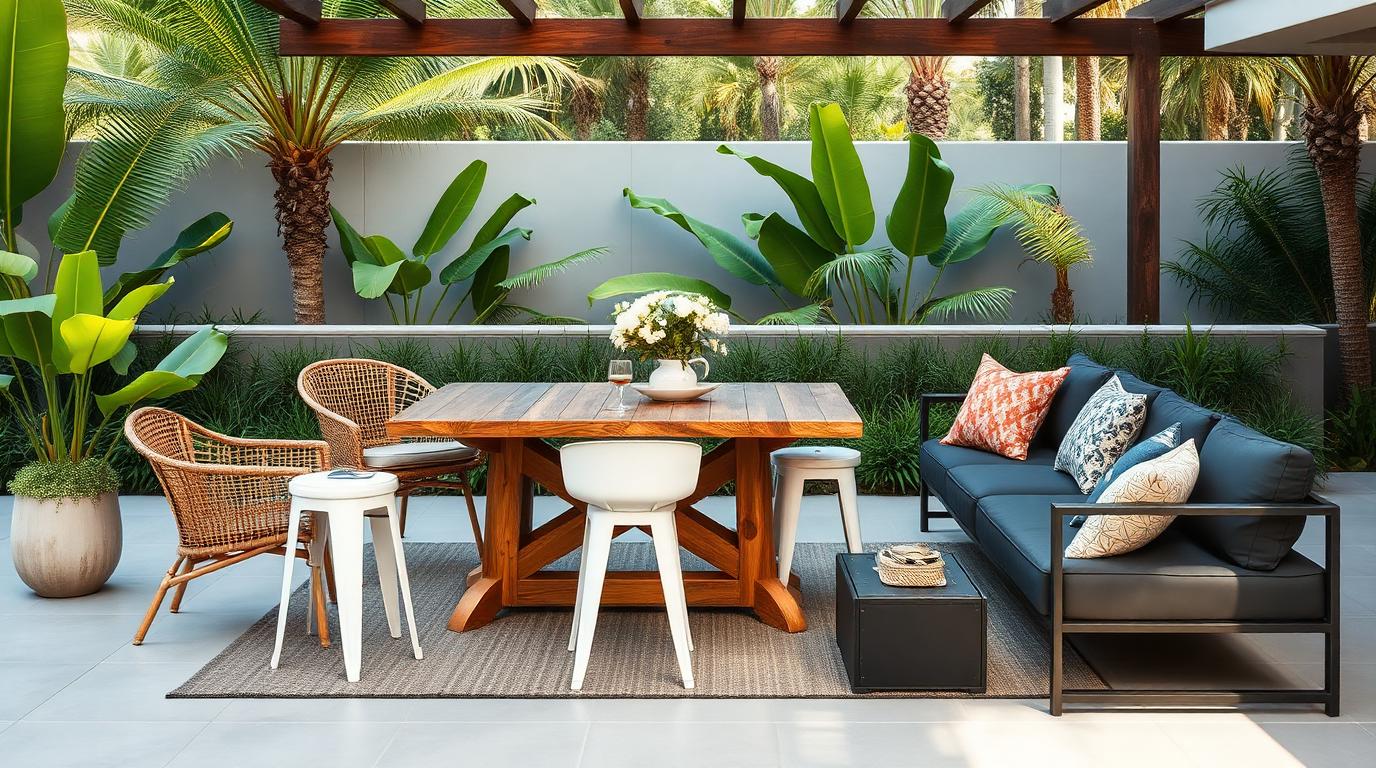 outdoor furniture materials mood board rustic timber woven cane white aluminium and dark steel on a modern patio. Images and Photos created by www.house-and-garden-designs.com