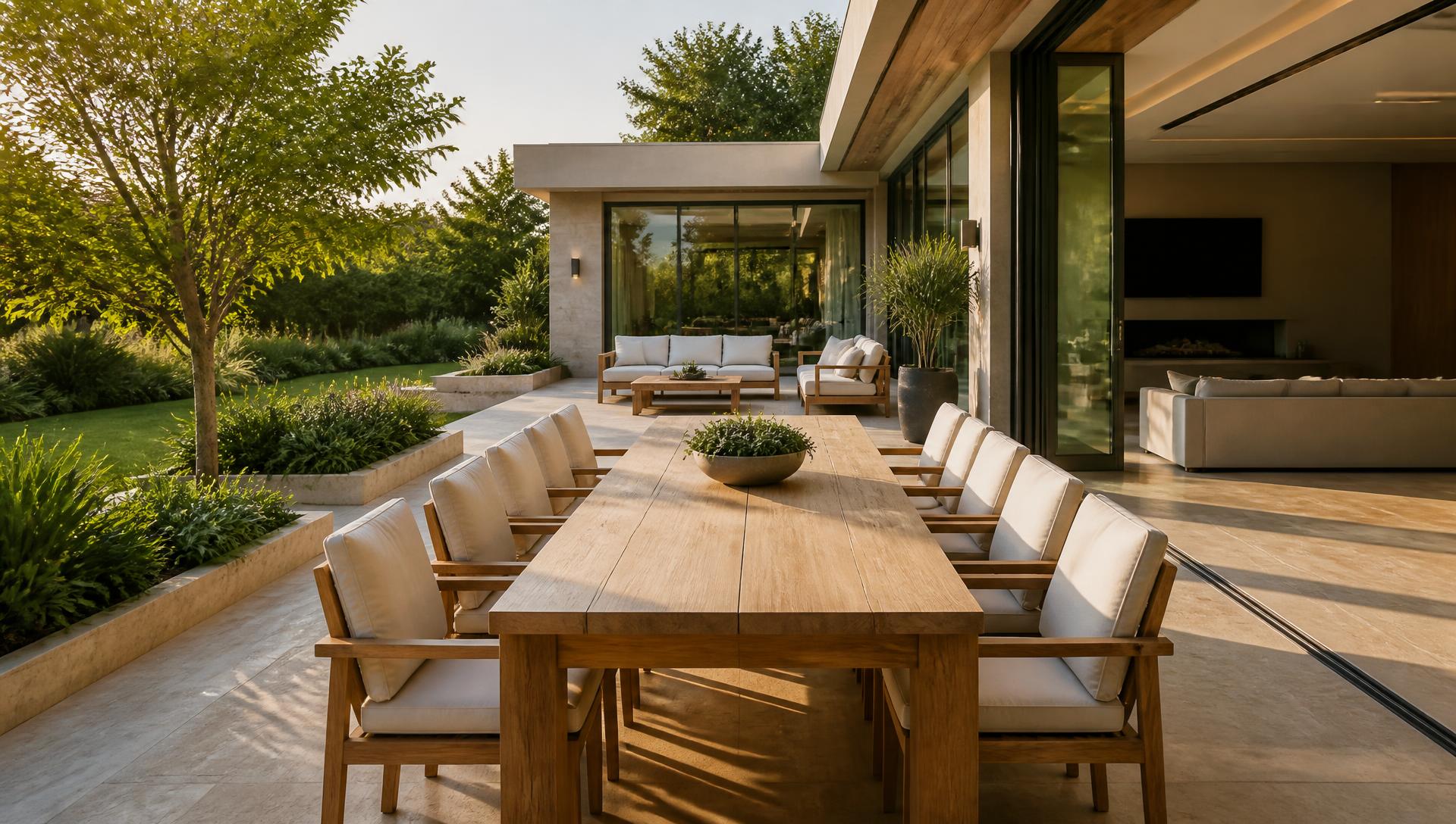 Solid Timber Terrace Setting backyard design Forward Looking Heavy solid teak dining and lounge furniture set on a travertine terrace. Images and Photos created by www.house-and-garden-designs.com