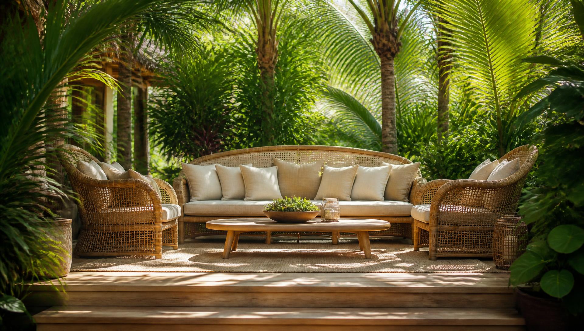Woven Cane Tropical Lounge backyard design Forward Looking Oak coloured woven cane lounges, a round cane dining table and a. Images and Photos created by www.house-and-garden-designs.com