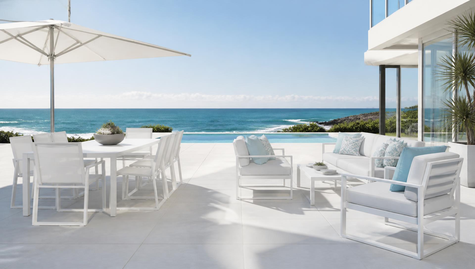 White Aluminium Poolside Living backyard design Forward Looking Crisp white powder coated aluminium dining, lounge and sun lounge furniture along. Images and Photos created by www.house-and-garden-designs.com