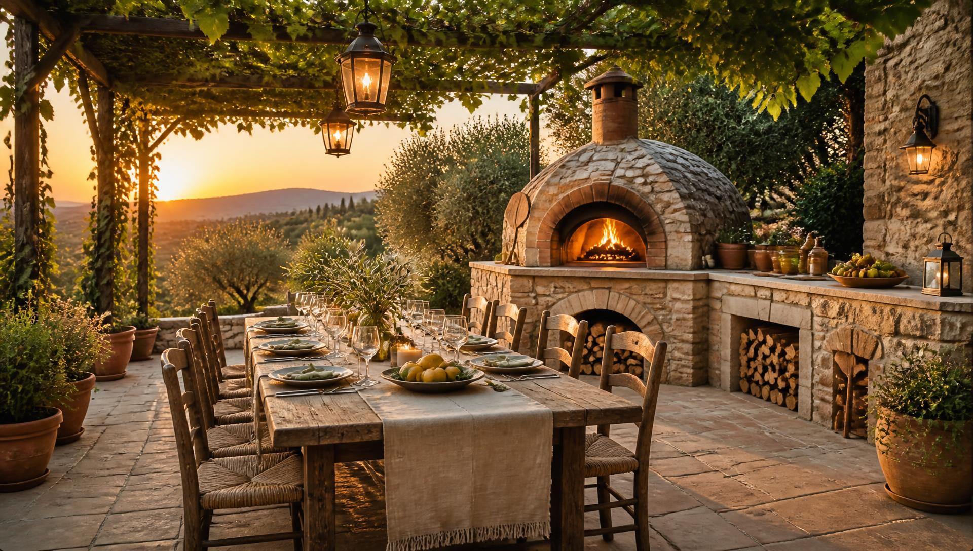 Tuscan Pizza Oven Courtyard backyard design Forward Looking A long rustic olive timber table with rush seat chairs faces a. Images and Photos created by www.house-and-garden-designs.com