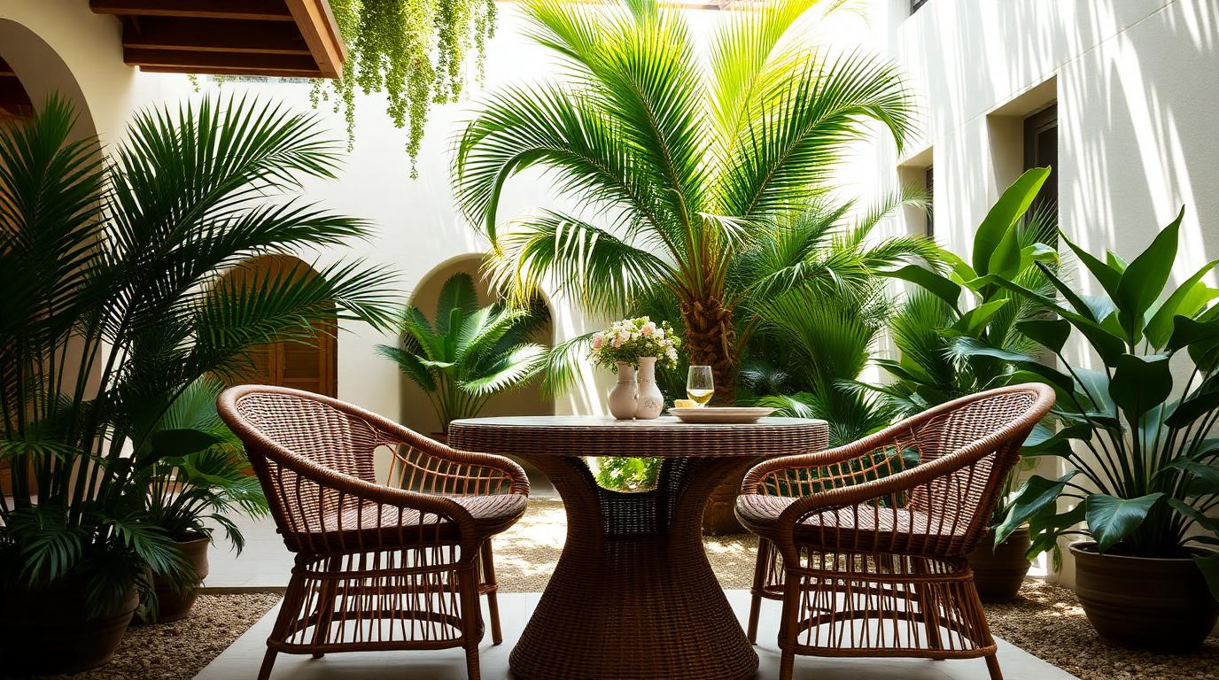 Round Woven Cane Dining Setting outdoor furniture Outdoor dining A four seat round setting for coffee, breakfast and small courtyards. Images and Photos created by www.house-and-garden-designs.com