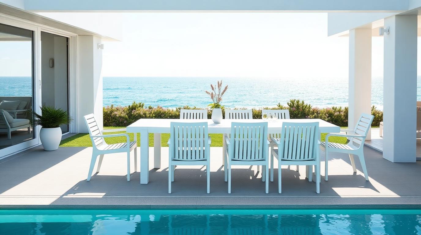 White Aluminium Extension Table outdoor furniture Outdoor dining The flexible workhorse of coastal homes. It sits at six seats every. Images and Photos created by www.house-and-garden-designs.com