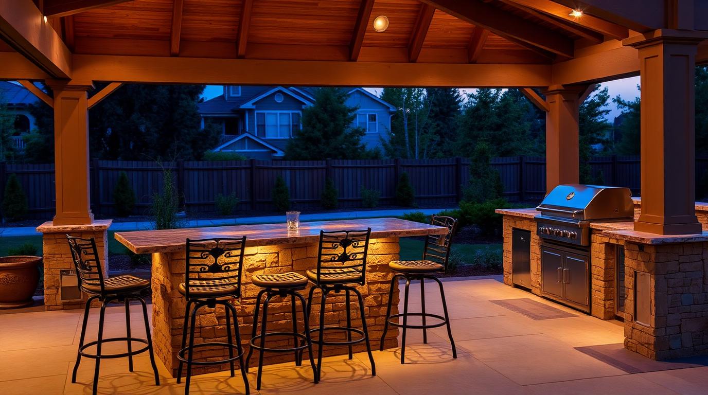 Bar Height Table & Stool Setting outdoor furniture Outdoor dining Standing height seating that puts guests at eye level with. Images and Photos created by www.house-and-garden-designs.com
