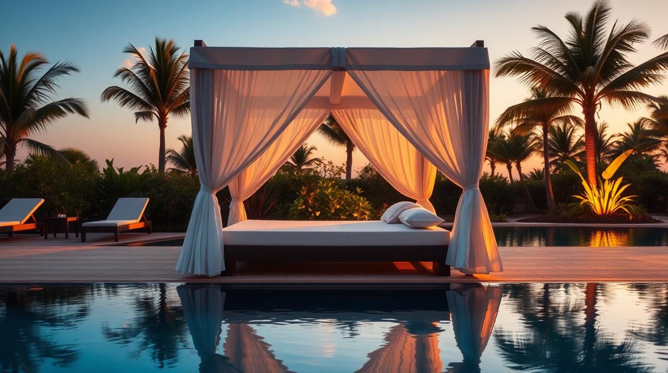 Canopy Daybed with Curtains outdoor furniture Pool & sun lounging A resort style retreat for reading, napping and shade on. Images and Photos created by www.house-and-garden-designs.com