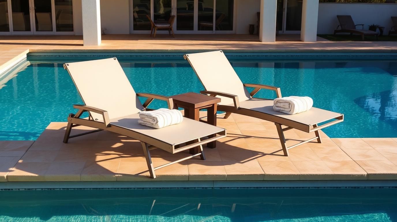Adjustable Poolside Sun Lounges outdoor furniture Pool & sun lounging The pool essential. Reclining backs let one lounge serve for. Images and Photos created by www.house-and-garden-designs.com