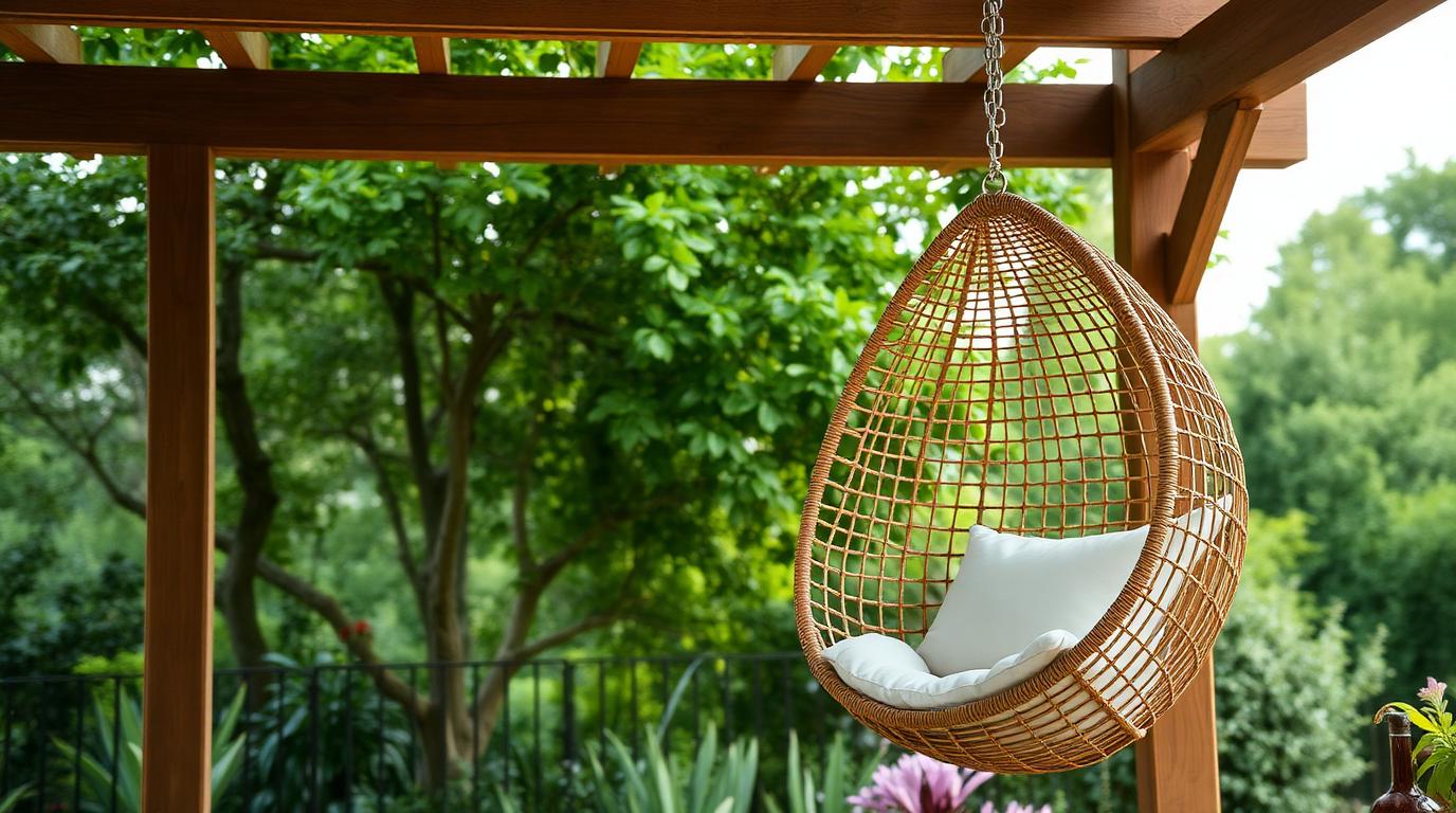 Hanging Rattan Egg Chair outdoor furniture Casual & relaxed seating A single seat retreat that adds movement and a little. Images and Photos created by www.house-and-garden-designs.com