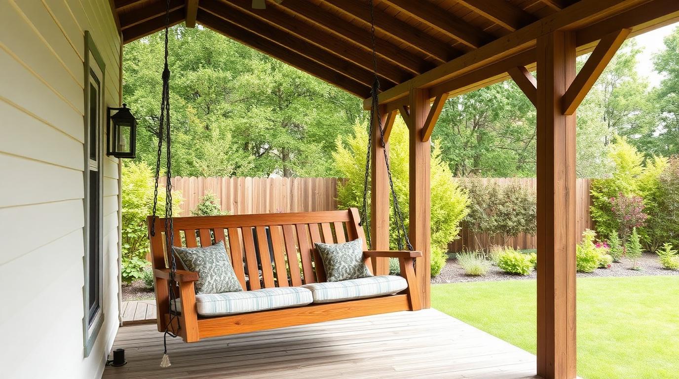 Timber Swing Bench Seat outdoor furniture Casual & relaxed seating Relaxed two person seating with a gentle rocking motion. It. Images and Photos created by www.house-and-garden-designs.com