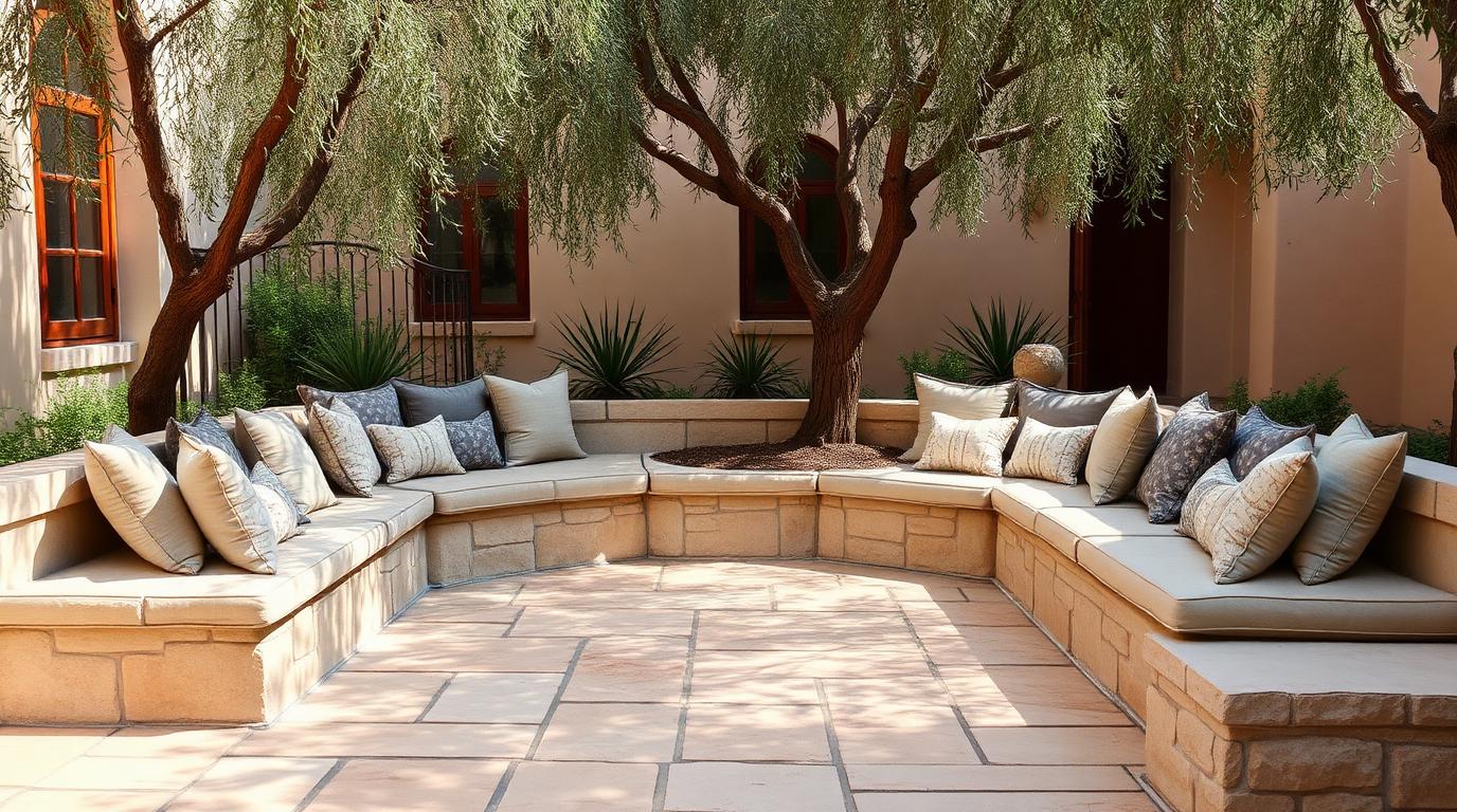 Built-In Bench Seating with Cushions outdoor furniture Formal lounge seating Permanent seating that maximises a small courtyard. Because it hugs. Images and Photos created by www.house-and-garden-designs.com