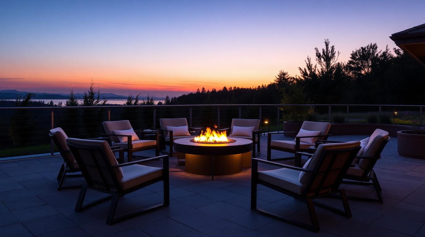 Firepit Lounge Chair Circle outdoor furniture Casual & relaxed seating Low slung chairs arranged around a fire table to turn. Images and Photos created by www.house-and-garden-designs.com