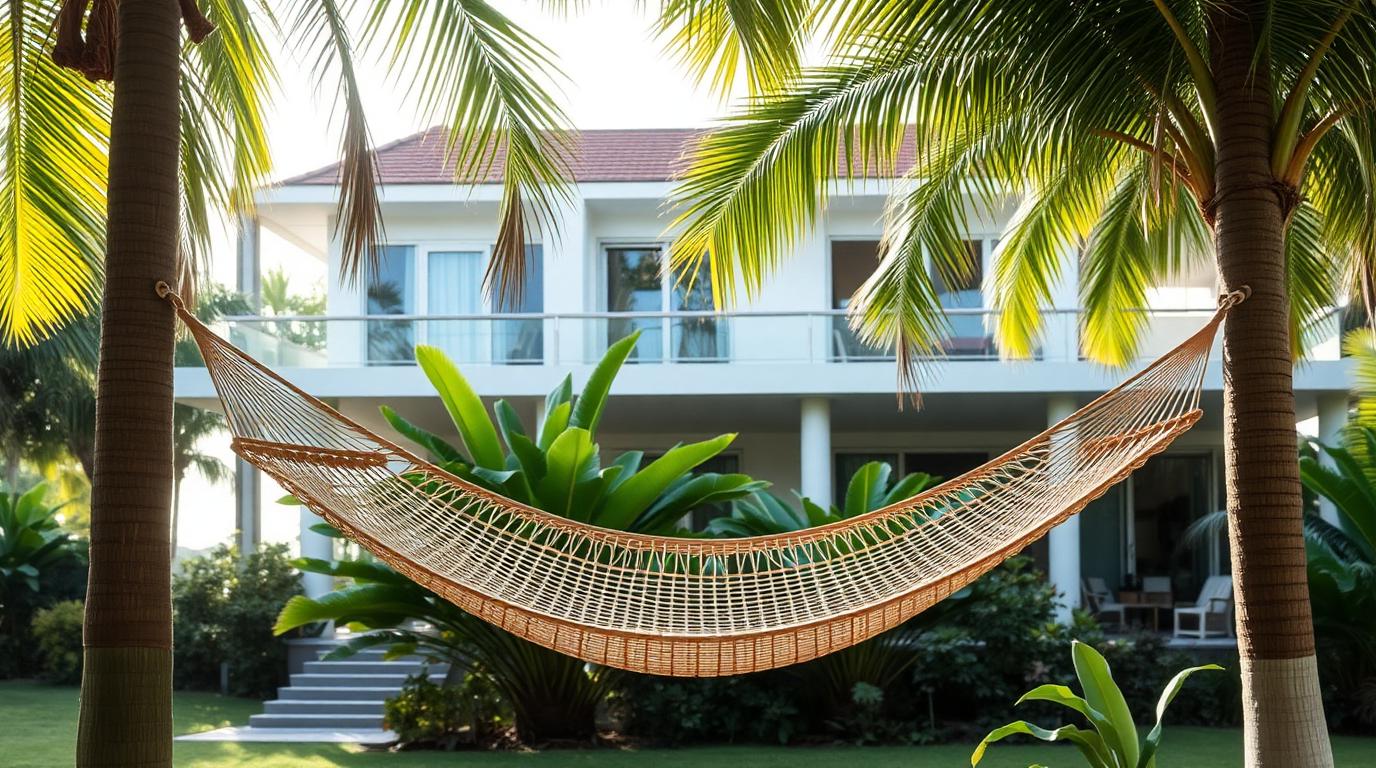 Woven Garden Hammock outdoor furniture Exotic & statement pieces Pure relaxation for very little money or floor space. A hammock. Images and Photos created by www.house-and-garden-designs.com