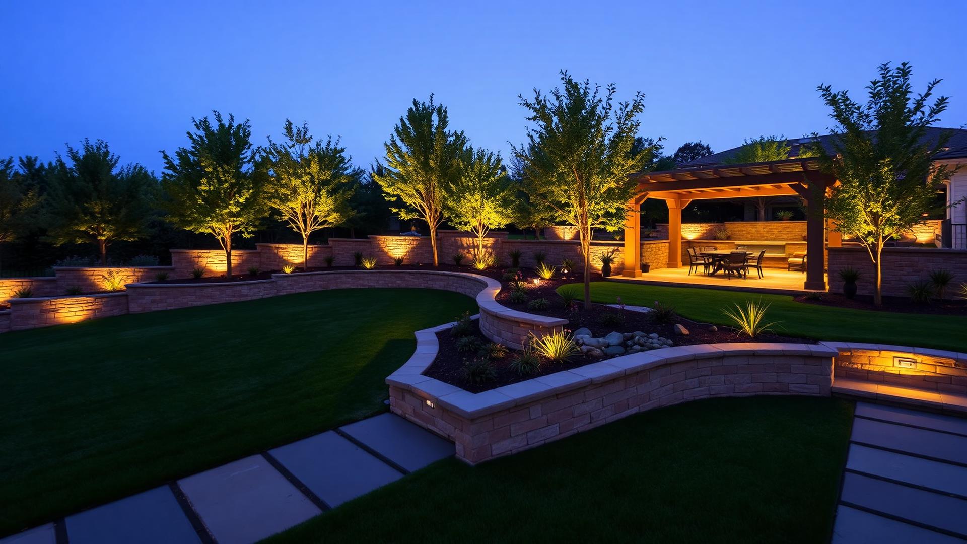 Completed luxury landscape design at twilight with stone terraces uplit trees and pergola dining. Images and Photos created by www.house-and-garden-designs.com