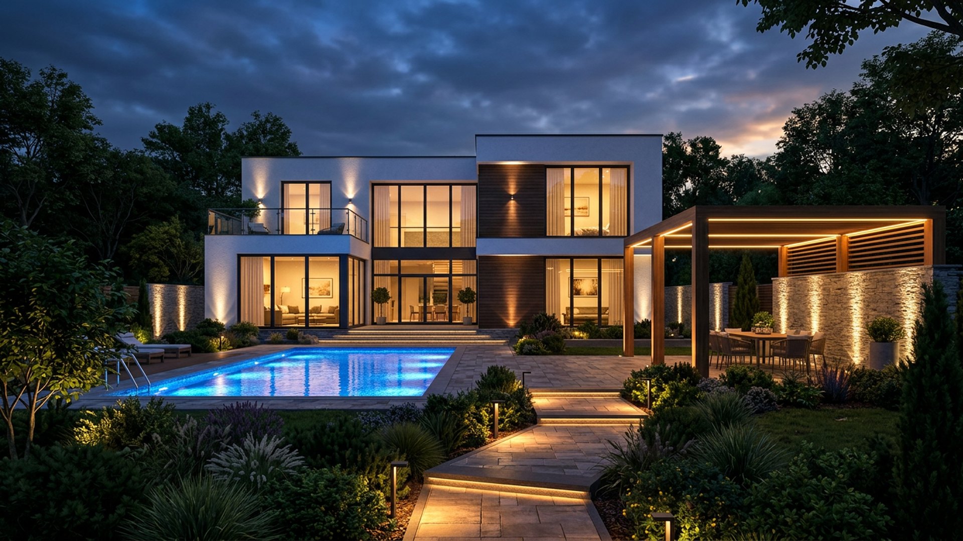 Full Night Backyard backyard landscaping concept Forward Looking A dusk-first design: lit pool, glowing pergola, grazed walls and warm path. Images and Photos created by www.house-and-garden-designs.com