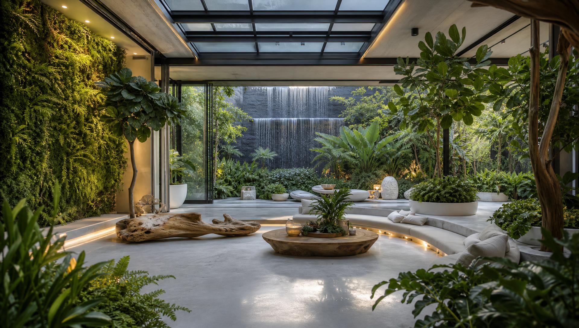 Biophilic indoor-outdoor garden room with moss walls waterfall smart glass roof and tropical plants. Images and Photos created by www.house-and-garden-designs.com