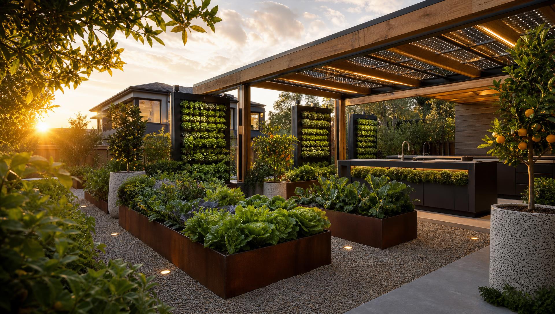 Sustainable edible garden with vertical herb walls solar pergola raised beds and citrus trees. Images and Photos created by www.house-and-garden-designs.com
