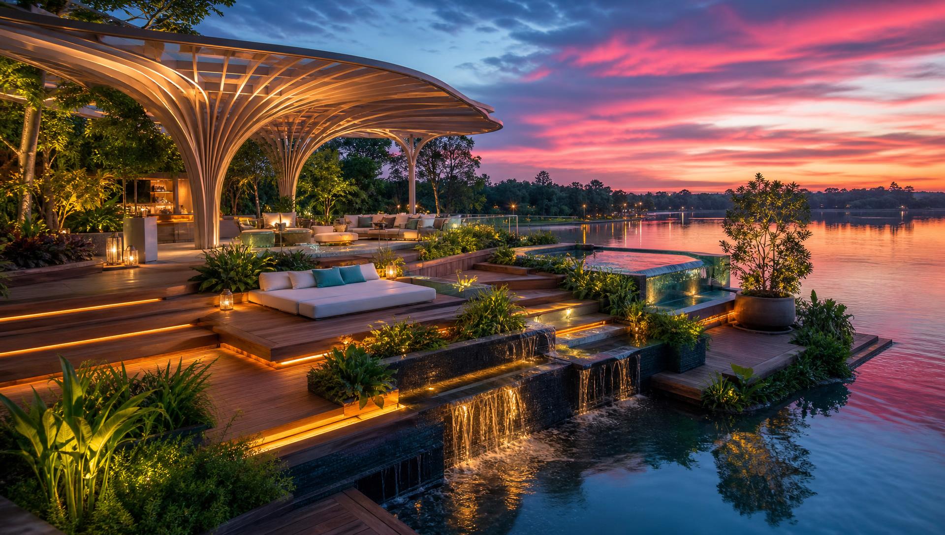 Futuristic floating garden terrace over water with sculptural pergola waterfalls and sunset lighting. Images and Photos created by www.house-and-garden-designs.com