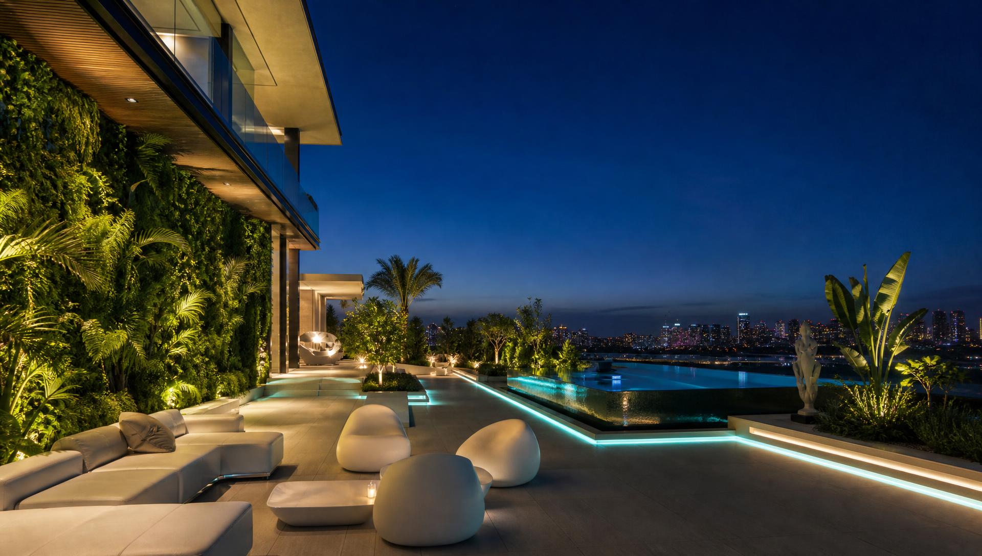 Futuristic rooftop garden with vertical green walls LED-lit infinity pool and sculptural white furniture. Images and Photos created by www.house-and-garden-designs.com