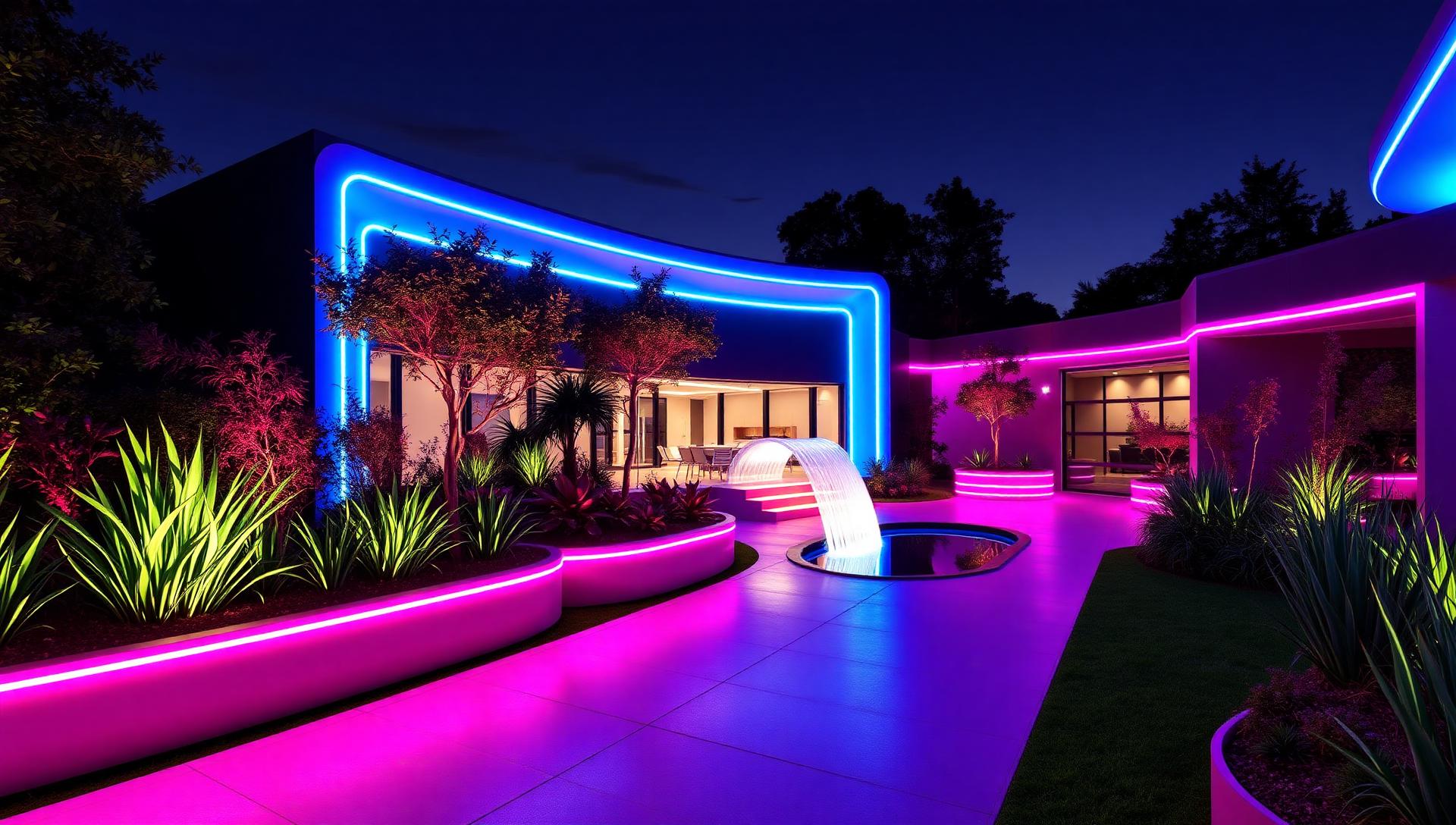 Modern Futuristic Garden Concepts Lighting, Form and Technology feature article LED lit planter walls, glowing geometric pathways, hydroponic living green. Images and Photos created by www.house-and-garden-designs.com