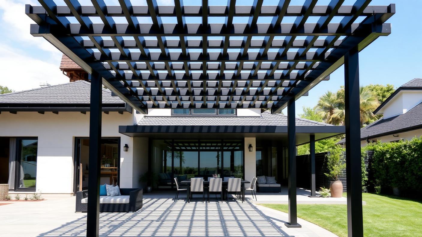 Modern Louvred Aluminium Pergola backyard design Forward Looking Motorised aluminium louvres tilt from full sun to full rain cover over. Images and Photos created by www.house-and-garden-designs.com
