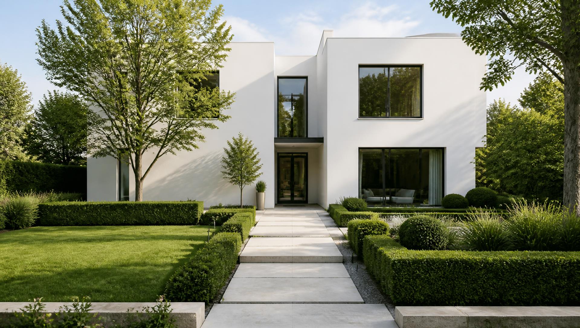 Pure Geometry Garden front yard design Forward Looking A minimalist white cubic house wrapped in clipped lawn panels, sculptural boxwood. Images and Photos created by www.house-and-garden-designs.com