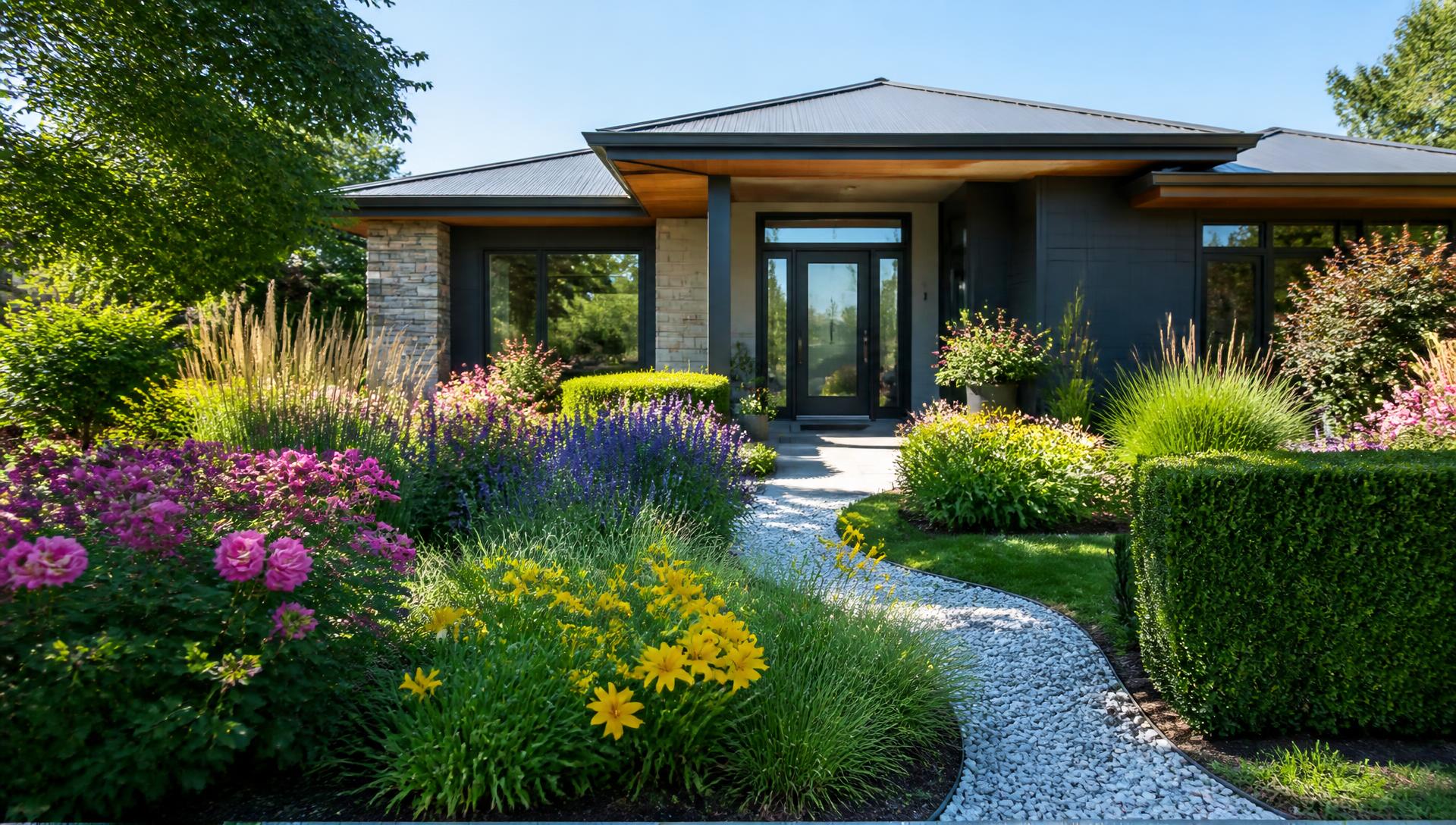 Painter's Palette Garden front yard design Forward Looking A contemporary single-storey home set in a front-to-back flower garden. Pink roses. Images and Photos created by www.house-and-garden-designs.com