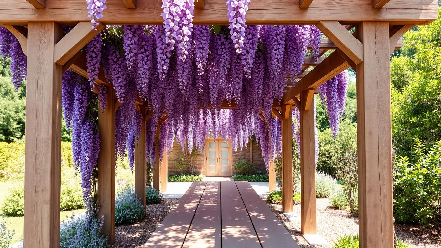 Rustic Timber Wisteria Pergola backyard design Forward Looking Chunky 200mm hardwood posts and open rafters carry a wisteria canopy that. Images and Photos created by www.house-and-garden-designs.com