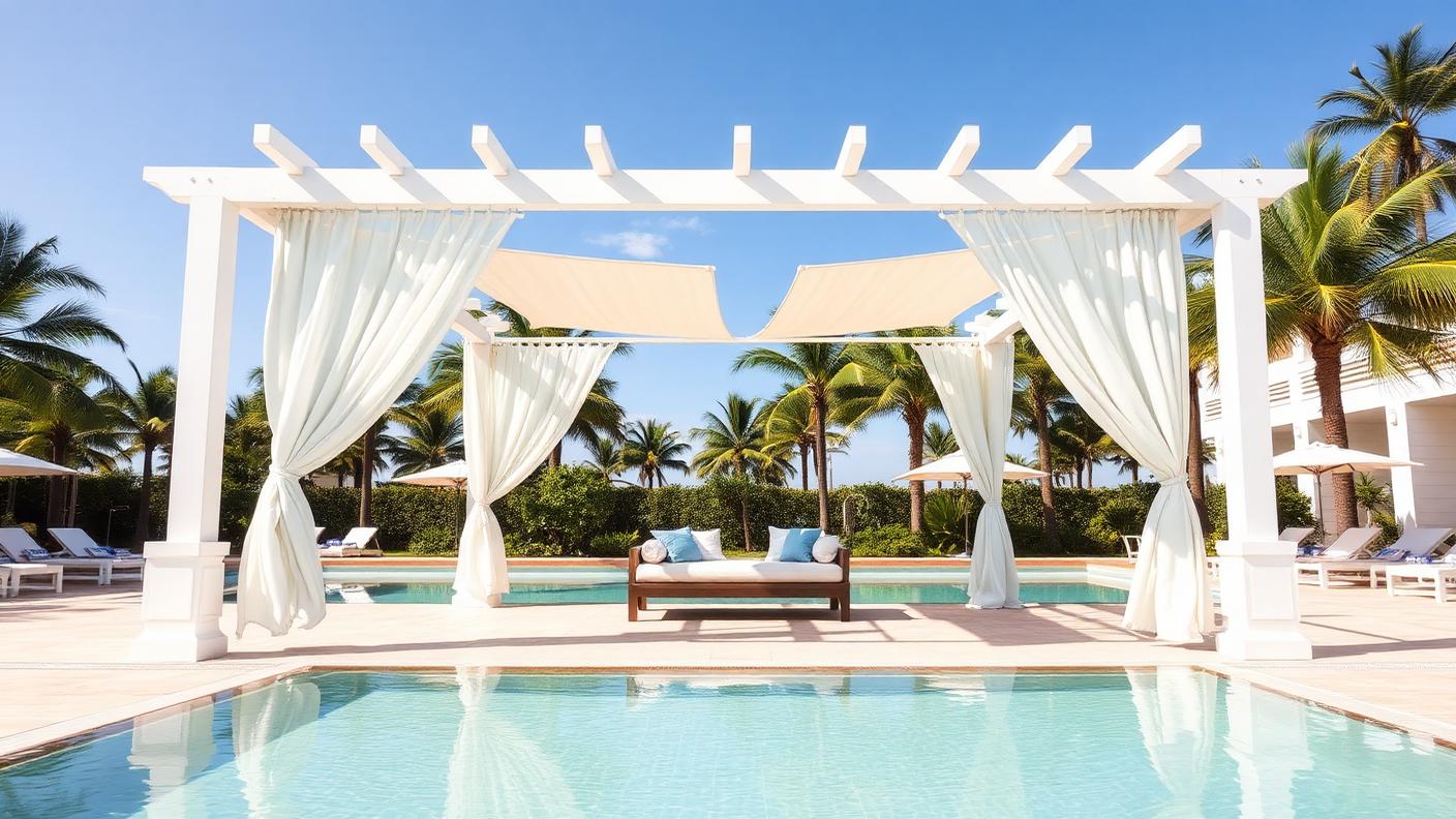 Resort Shade Cabana backyard design Forward Looking A freestanding poolside cabana with a solid roof, white linen curtains and daybeds. Images and Photos created by www.house-and-garden-designs.com