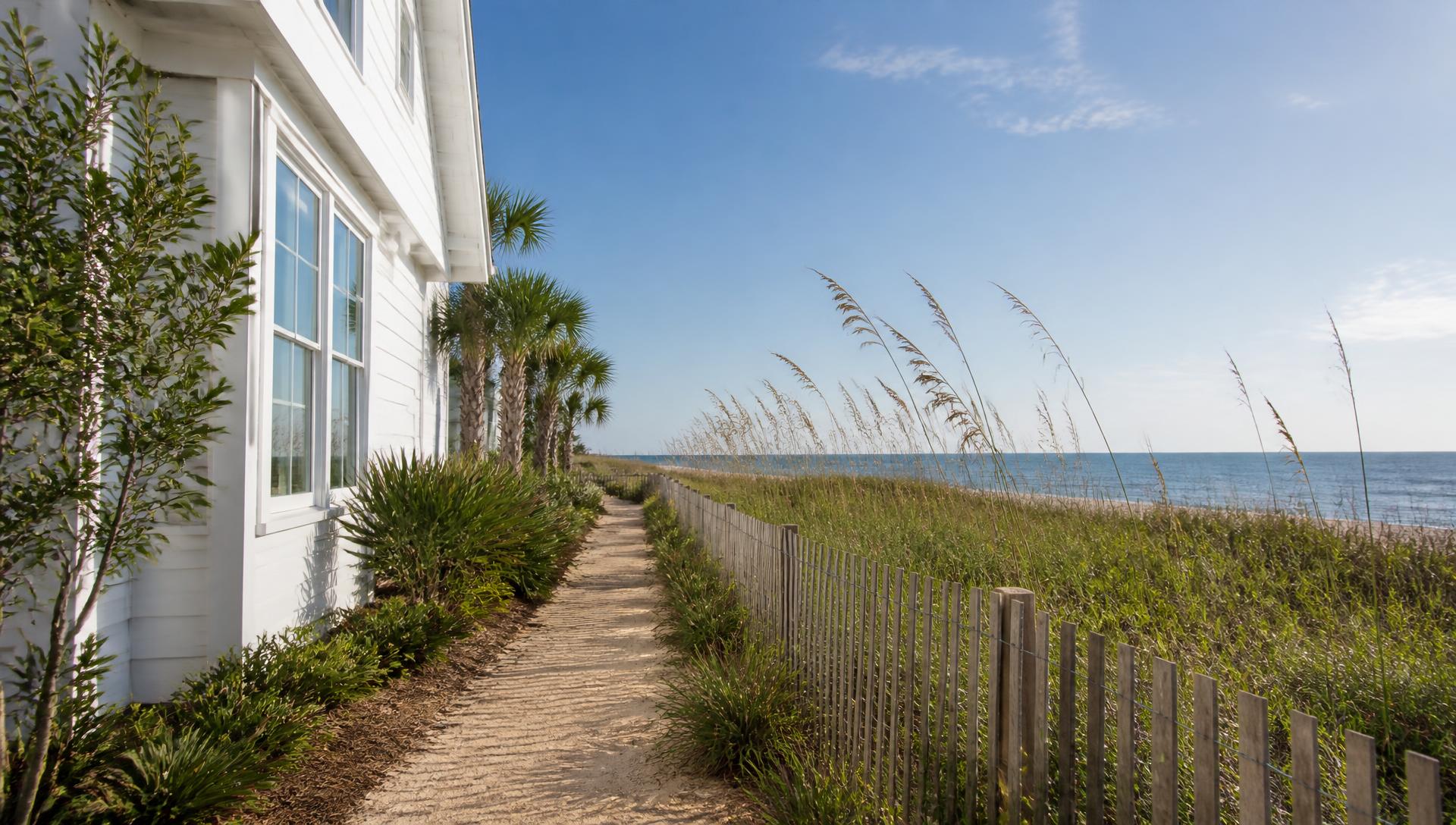 Coastal Dune Garden front yard design Left Side Property View A bright white beach house with timber decks and a. Images and Photos created by www.house-and-garden-designs.com