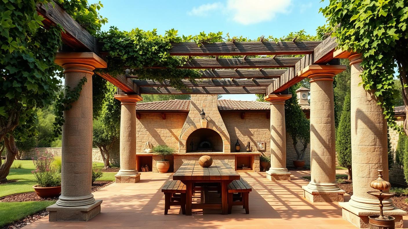 Mediterranean Stone Column Pergola backyard design Forward Looking Rendered stone columns and heavy stained beams frame a wood fired pizza. Images and Photos created by www.house-and-garden-designs.com