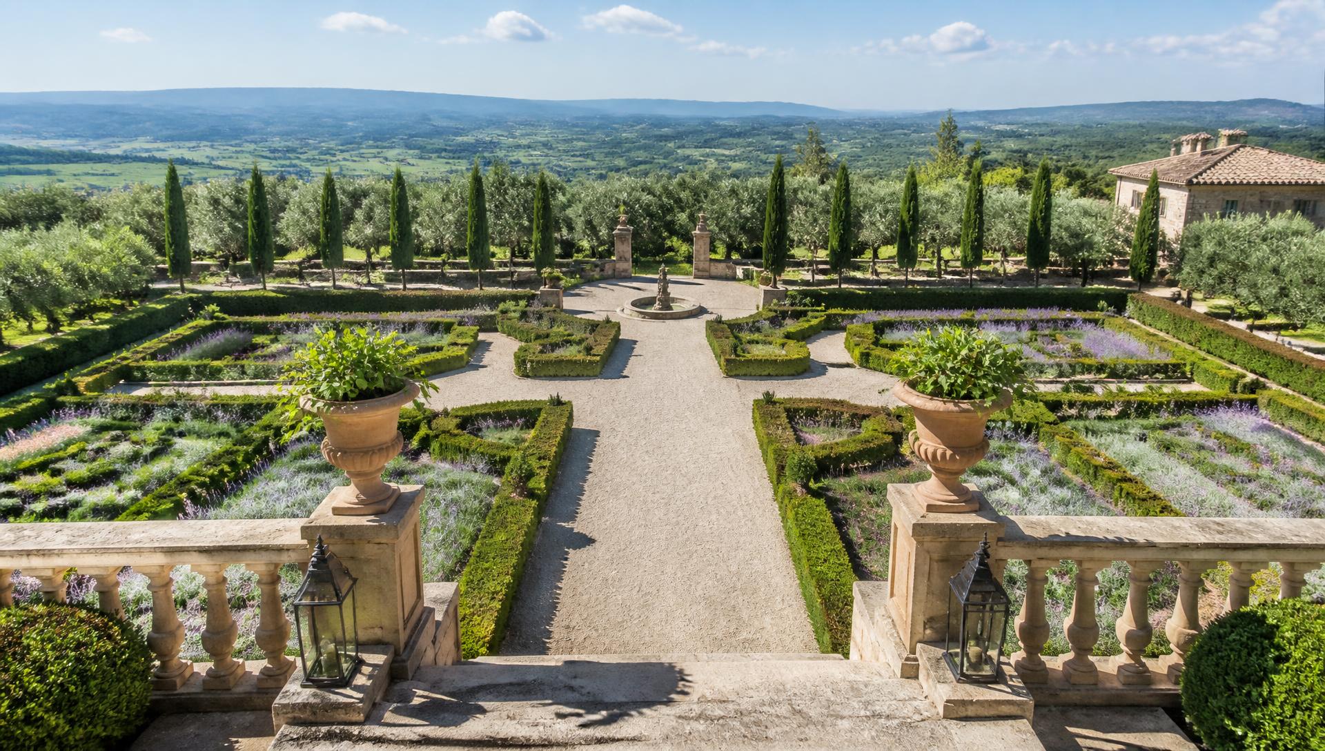 Tuscany Estate Gardens front yard design Rear Backyard Look A stone European chateau with terracotta roof tiles and formal parterre. Images and Photos created by www.house-and-garden-designs.com