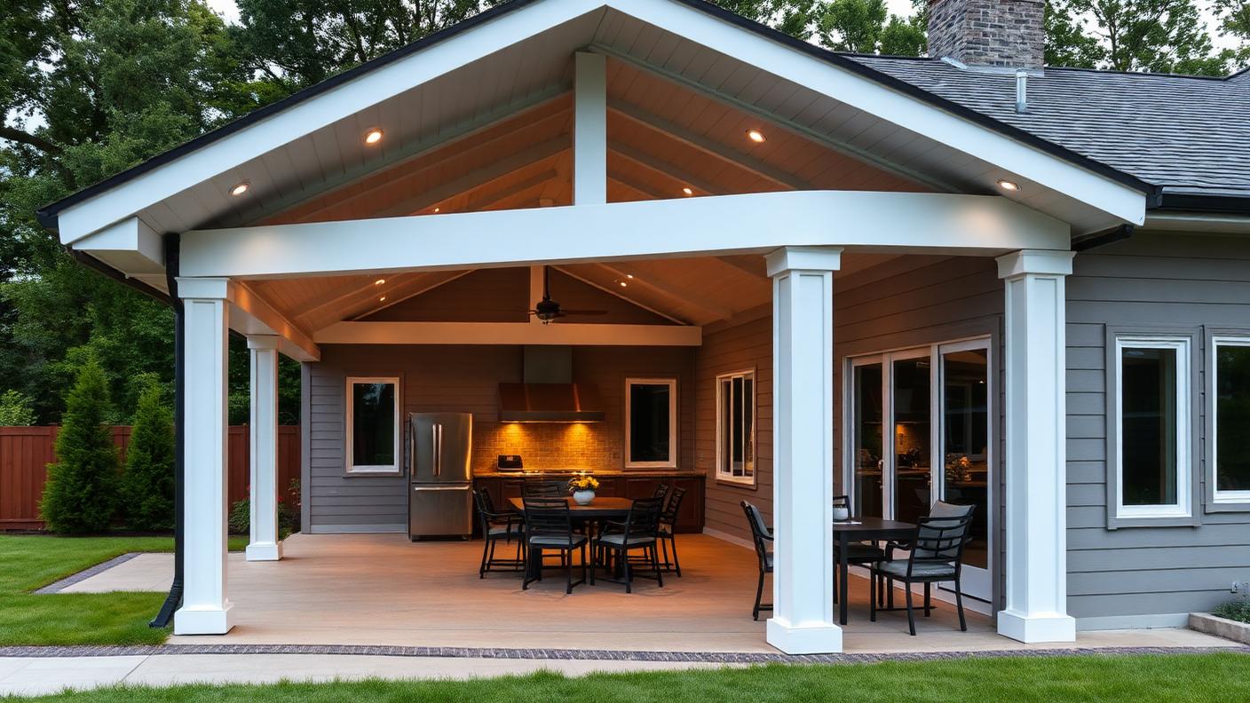 Attached Insulated Panel Patio pergola shade structure Roofed & all weather A solid insulated sandwich panel roof attached to the. Images and Photos created by www.house-and-garden-designs.com