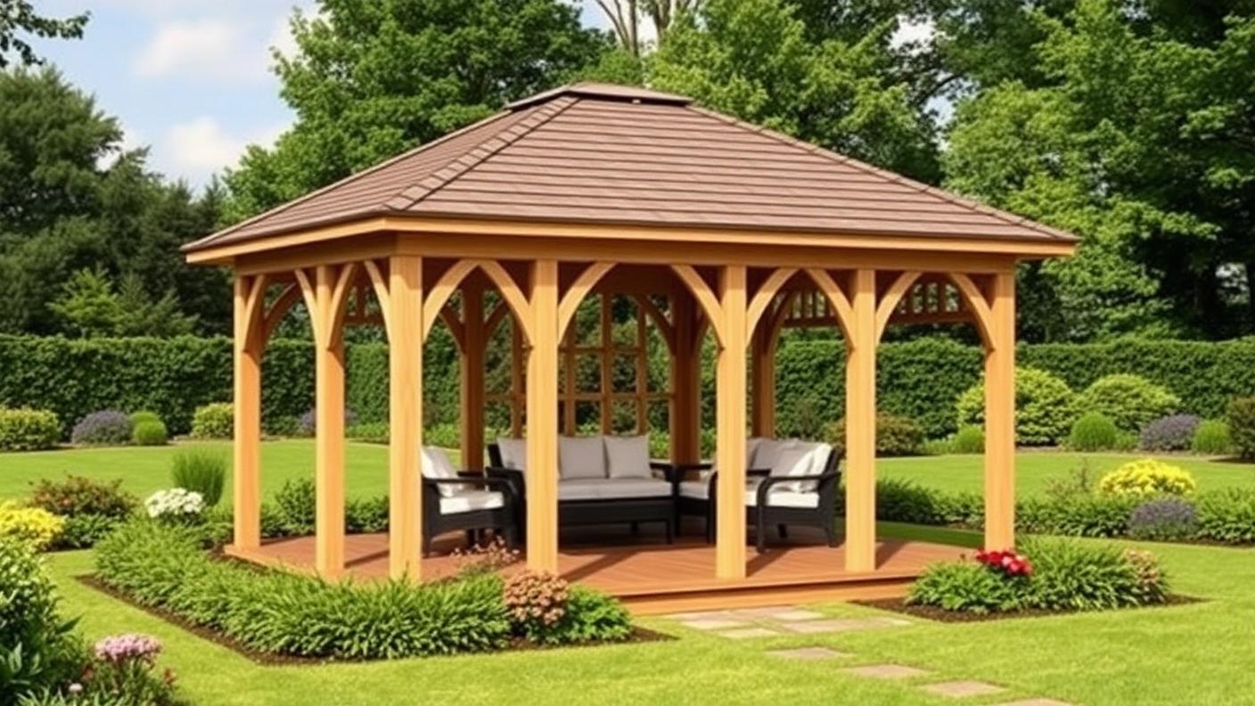 Freestanding Hip Roof Gazebo pergola shade structure Garden structures A roofed garden building set out in the lawn, away from. Images and Photos created by www.house-and-garden-designs.com