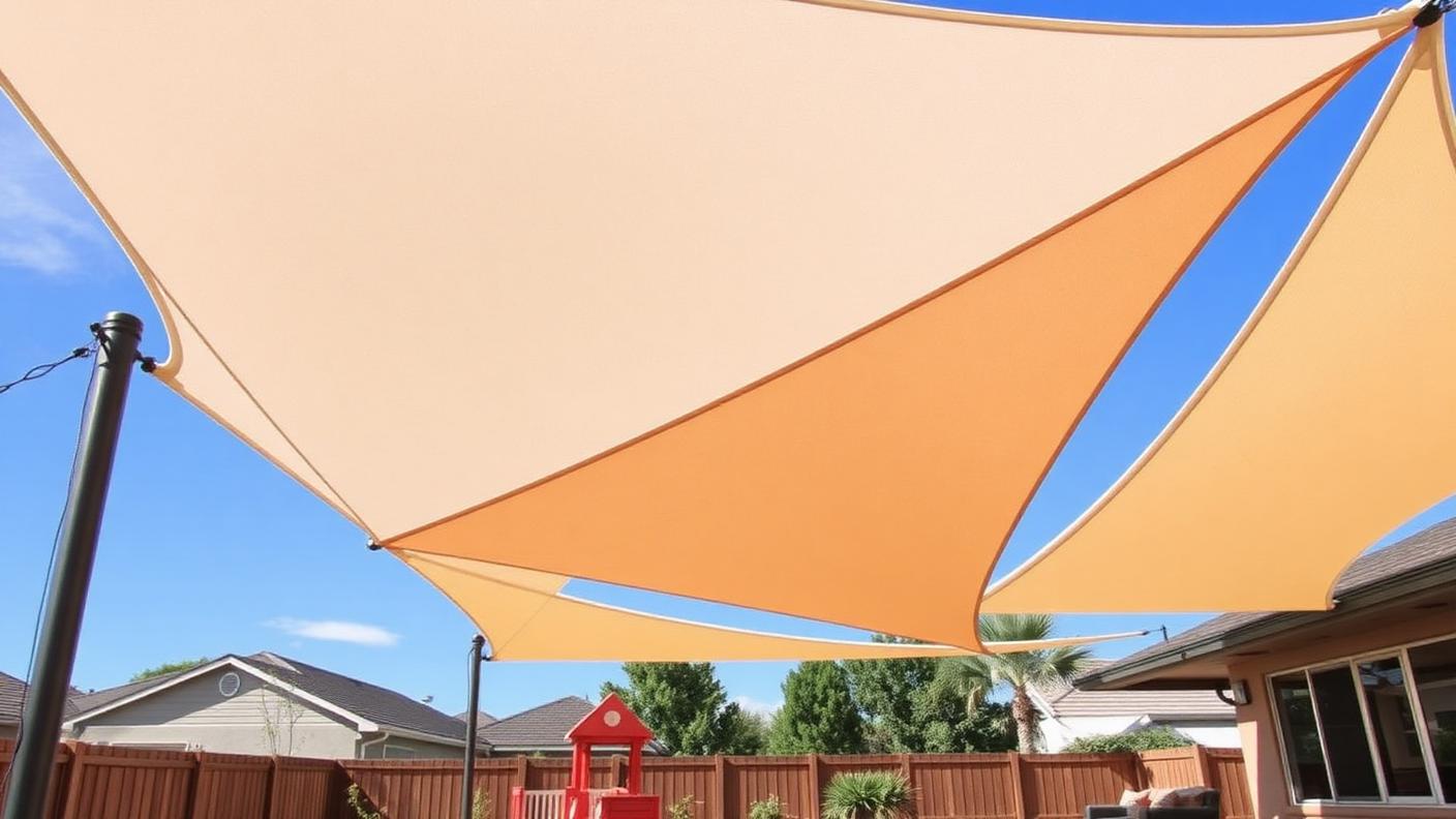 Tensioned Shade Sail Structure pergola shade structure Fabric & adjustable Overlapping triangular sails on steel posts cover large areas a. Images and Photos created by www.house-and-garden-designs.com