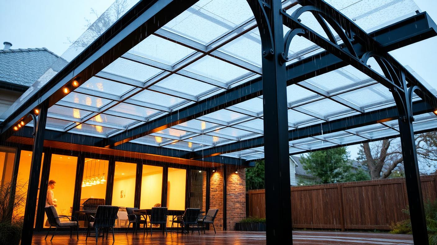 Steel Frame Polycarbonate Pergola pergola shade structure Roofed & all weather A steel frame with translucent polycarbonate sheeting keeps rain. Images and Photos created by www.house-and-garden-designs.com