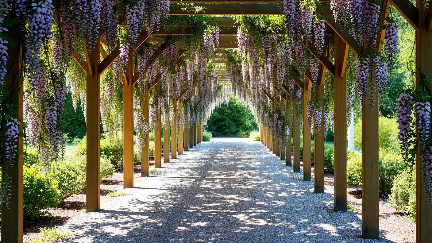 Vine Covered Arbour Walkway pergola shade structure Open rafter & vine A long run of posts and beams over a. Images and Photos created by www.house-and-garden-designs.com