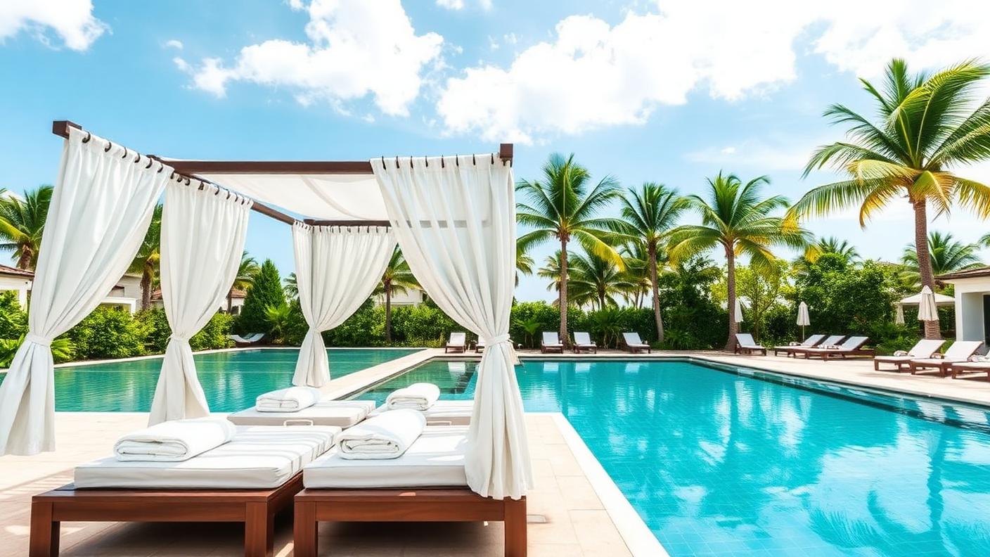 Poolside Cabana Pergola pergola shade structure Outdoor rooms A freestanding roofed cabana with daybeds and curtains at the deep end. Images and Photos created by www.house-and-garden-designs.com