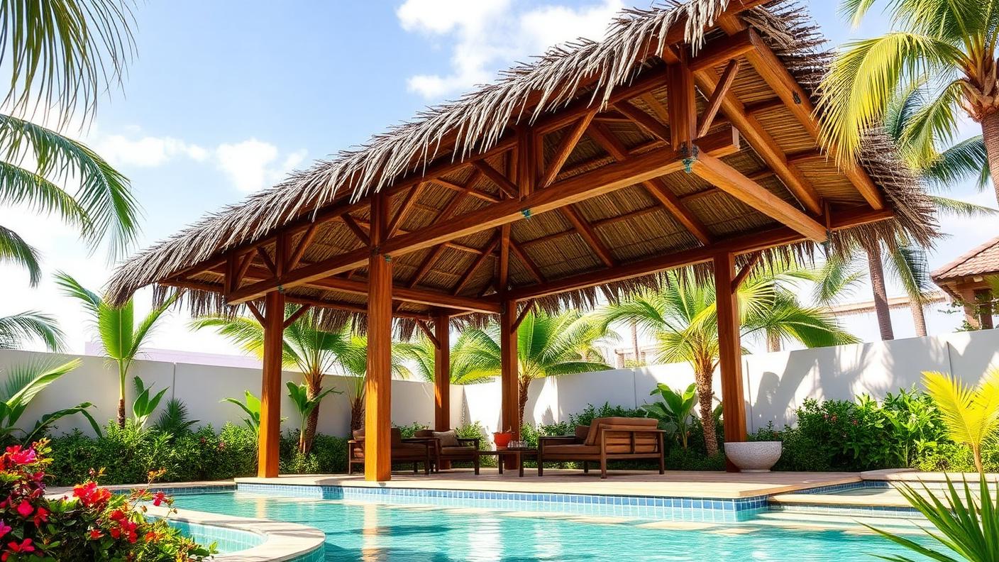 Balinese Thatch Tiki Pergola pergola shade structure Garden structures Heavy timber posts under an alang alang thatch or synthetic thatch. Images and Photos created by www.house-and-garden-designs.com