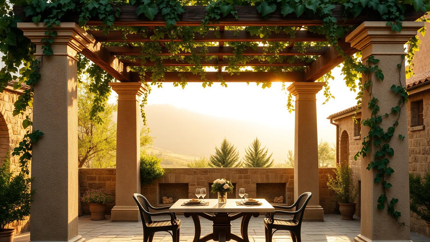 Mediterranean Stone Column Pergola pergola shade structure Open rafter & vine Rendered or stone clad columns carrying heavy stained beams. Images and Photos created by www.house-and-garden-designs.com