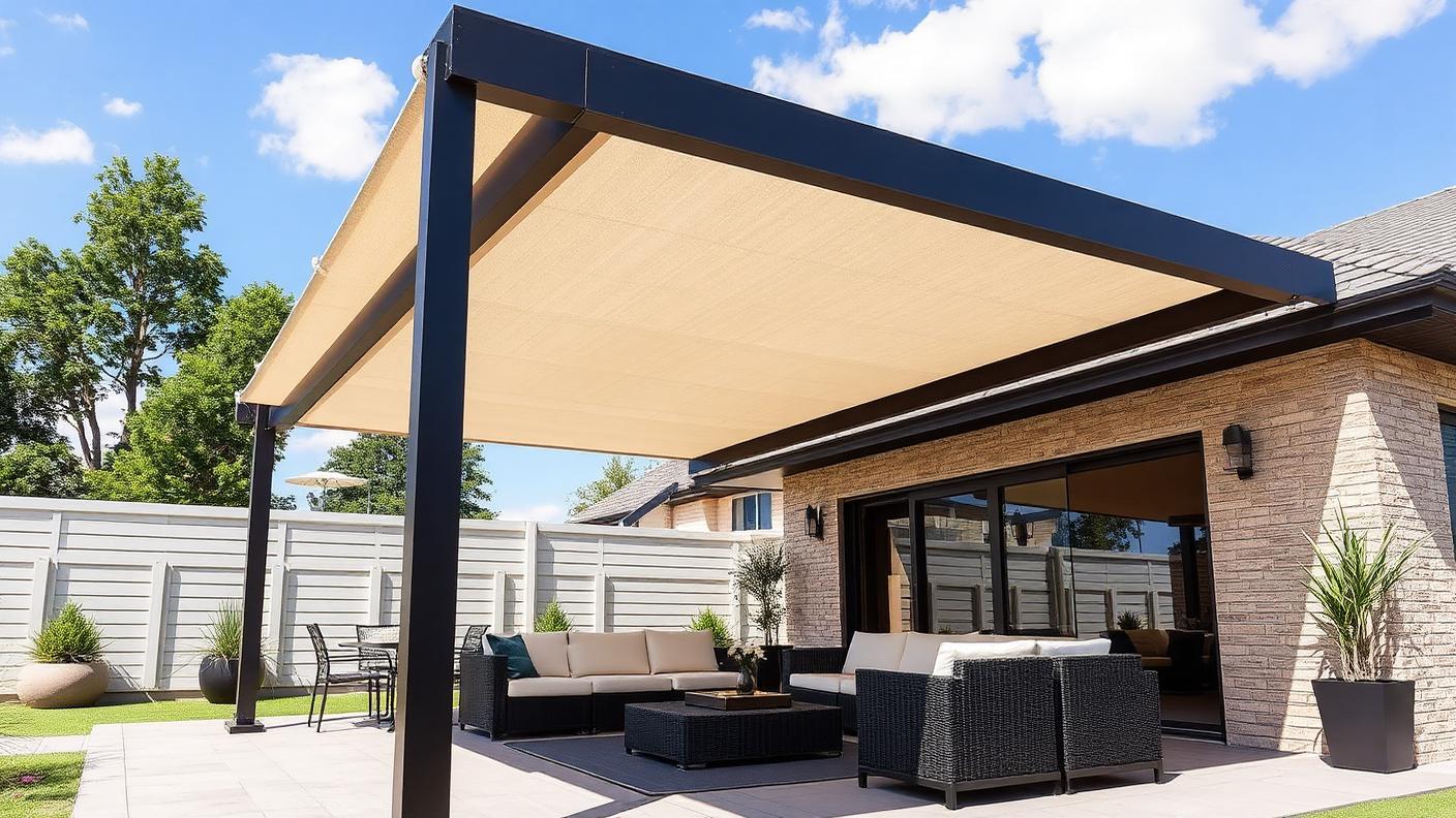 Retractable Canopy Pergola pergola shade structure Fabric & adjustable A motorised fabric canopy that slides along tracks between beams, so. Images and Photos created by www.house-and-garden-designs.com
