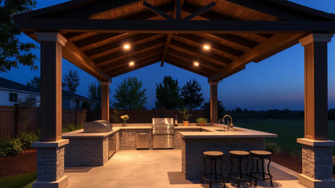 Pergola Over an Outdoor Kitchen pergola shade structure Outdoor rooms A structure built specifically to shelter a BBQ, benchtop, sink. Images and Photos created by www.house-and-garden-designs.com