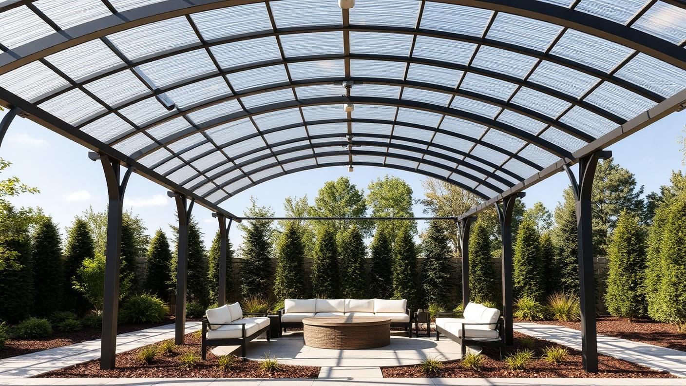 Curved Arch Pergola pergola shade structure Roofed & all weather Curved rafters forming a barrel vault over a seating circle. Images and Photos created by www.house-and-garden-designs.com